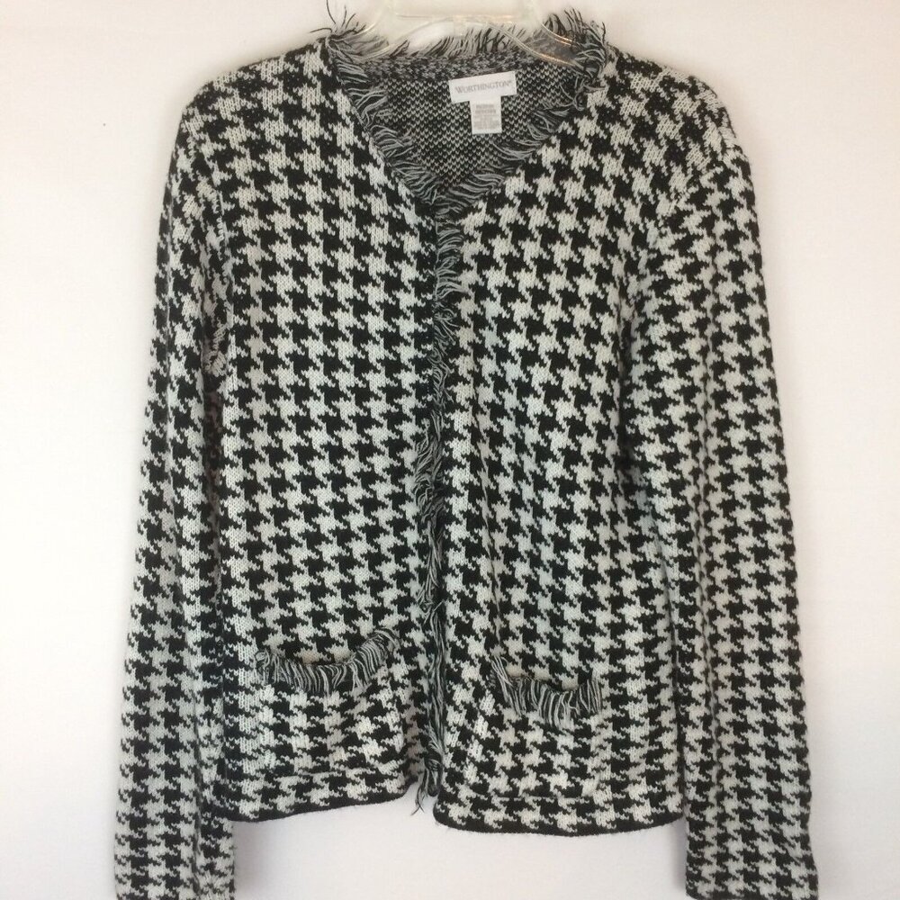 Worthington Womens Open Front Cardigan Size M Black White Houndstooth Fringes